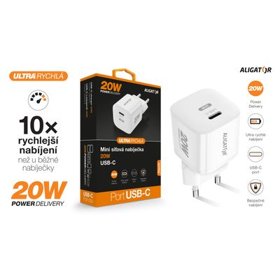 Rychlá nabíječka ALIGATOR Mini, PD 20W USB-C, bílá