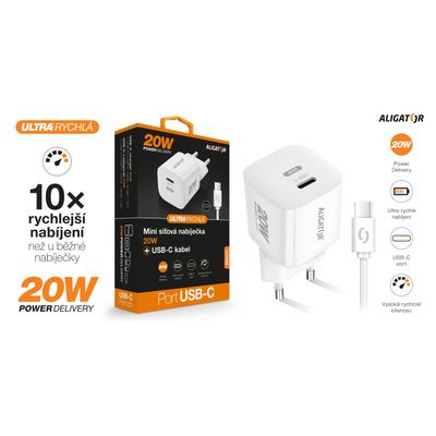 Rychlá nabíječka ALIGATOR Mini, PD 20W, USB-C/USB-C kabel, bílá