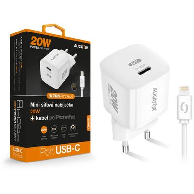 Rychlá nabíječka ALIGATOR Mini, PD 20W, USB-C/Lightning kabel, bílá