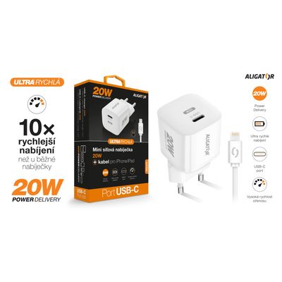 Rychlá nabíječka ALIGATOR Mini, PD 20W, USB-C/Lightning kabel, bílá