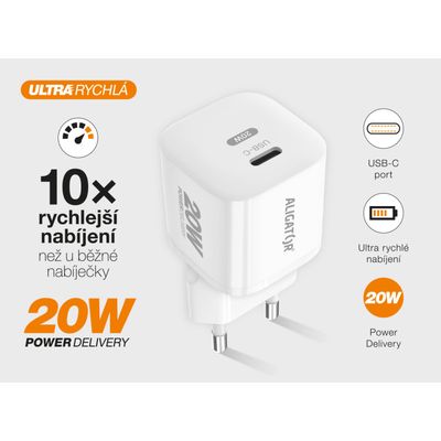 Rychlá nabíječka ALIGATOR Mini, PD 20W, USB-C/Lightning kabel, bílá