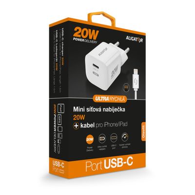 Rychlá nabíječka ALIGATOR Mini, PD 20W, USB-C/Lightning kabel, bílá