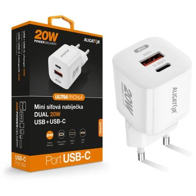 Rychlá nabíječka ALIGATOR Mini, PD 20W USB + USB-C, bílá