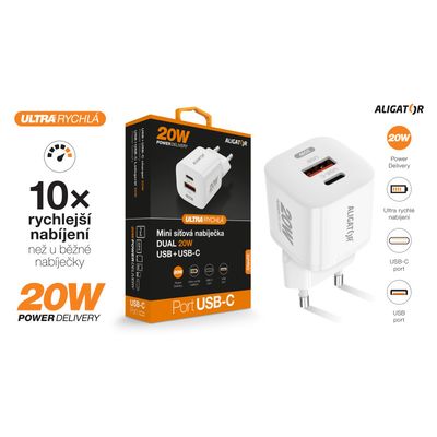 Rychlá nabíječka ALIGATOR Mini, PD 20W USB + USB-C, bílá