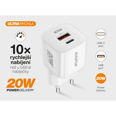 Rychlá nabíječka ALIGATOR Mini, PD 20W USB + USB-C, bílá