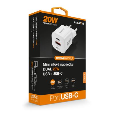 Rychlá nabíječka ALIGATOR Mini, PD 20W USB + USB-C, bílá