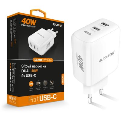 Rychlá nabíječka ALIGATOR, PD 40W 2xUSB-C, bílá