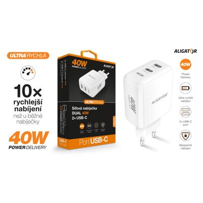Rychlá nabíječka ALIGATOR, PD 40W 2xUSB-C, bílá