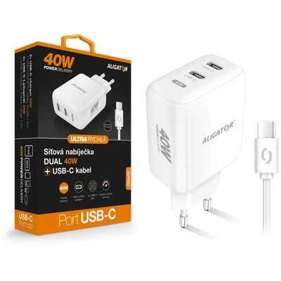 Rychlá nabíječka ALIGATOR, PD 40W, 2xUSB-C, USB-C/USB-C kabel, bílá