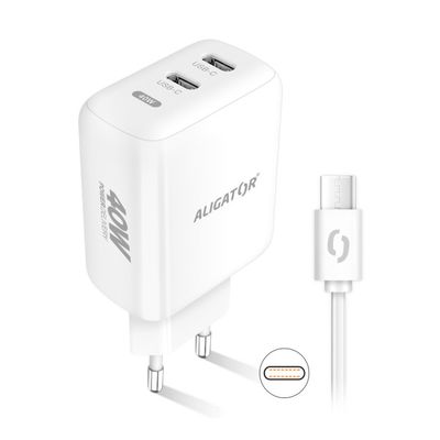 Rychlá nabíječka ALIGATOR, PD 40W, 2xUSB-C, USB-C/USB-C kabel, bílá