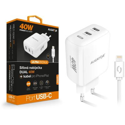 Rychlá nabíječka ALIGATOR, PD 40W, 2xUSB-C, USB-C/Lightning kabel, bílá