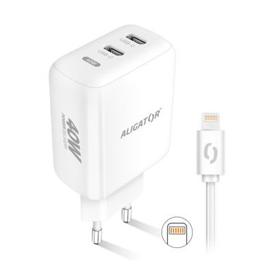 Rychlá nabíječka ALIGATOR, PD 40W, 2xUSB-C, USB-C/Lightning kabel, bílá