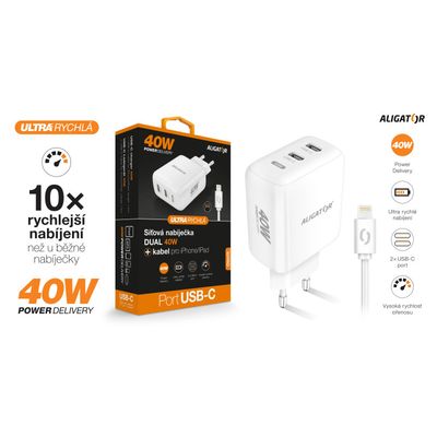 Rychlá nabíječka ALIGATOR, PD 40W, 2xUSB-C, USB-C/Lightning kabel, bílá