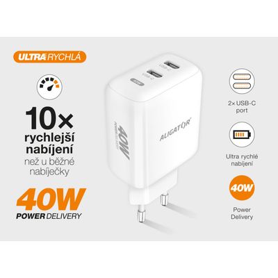 Rychlá nabíječka ALIGATOR, PD 40W, 2xUSB-C, USB-C/Lightning kabel, bílá