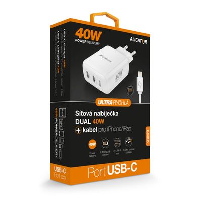 Rychlá nabíječka ALIGATOR, PD 40W, 2xUSB-C, USB-C/Lightning kabel, bílá