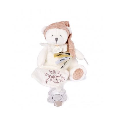Doudou Dárková sada Plyšový medvídek s úchytem na dudlík a dečkou růžový 20 cm