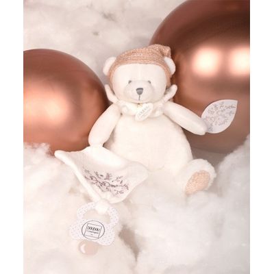 Doudou Dárková sada Plyšový medvídek s úchytem na dudlík a dečkou růžový 20 cm