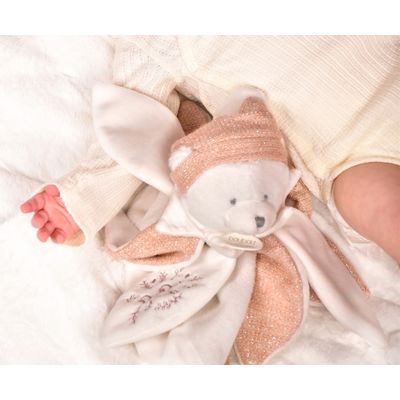 Doudou Dárková sada Plyšový muchláček medvídek s čepičkou 25 cm růžový