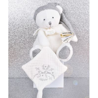 Doudou Dárková sada Plyšový medvídek s úchytem na dudlík a dečkou šedý 20 cm