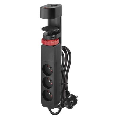 Emos prodlužovací kabel 1,5m /3 zásuvky/vypínač/uchycení na stůl/USB/černý/PVC/1,5mm2