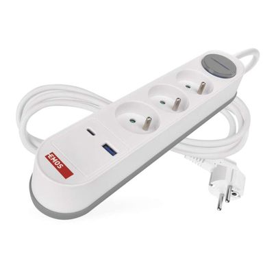 Emos prodlužovací kabel 2 m / 3 zásuvky / s vypínačem / bílo-šedý / 1×USB-A + 1×USB-C / 1,5 mm2