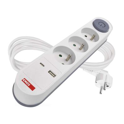 Emos prodlužovací kabel 2 m / 3 zásuvky / s vypínačem / bílý / 1×USB-A + 1×USB-C / 1,5 mm2