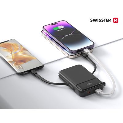 SWISSTEN POWER BANK 10000 mAh PD 22,5W S INTEGROVANÝMI KABELY USB-C A LIGHTNING (kompatibilní s MagSafe)
