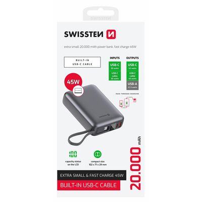 SWISSTEN POWER BANK 20000 mAh 45W S INTEGROVANÝM KABELEM USB-C VESMÍRNĚ STŘÍBRNÁ