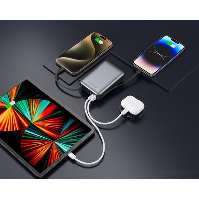 SWISSTEN POWER BANK 20000 mAh S INTEGROVANÝMI KABELY USB-C A LIGHTNING VESMÍRNĚ STŘÍBRNÁ