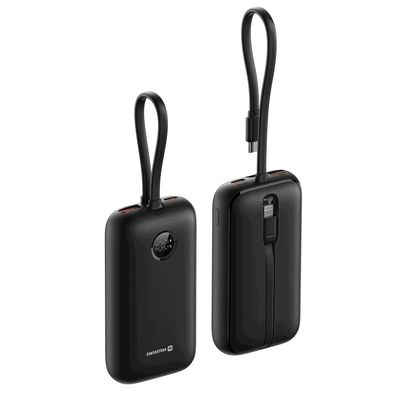 SWISSTEN POWER BANK VOLTBOX 35W 10000 mAh S INTEGROVANÝMI KABELY USB-C A LIGHTNING ČERNÁ
