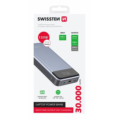 SWISSTEN POWER BANK 30000 mAh PRO NOTEBOOKY 133W POWER DELIVERY GREY