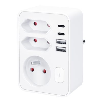 Solight rozbočka, 1x 16A + 2x 2,5A, 2xUSB A+C, bílá, vypínač