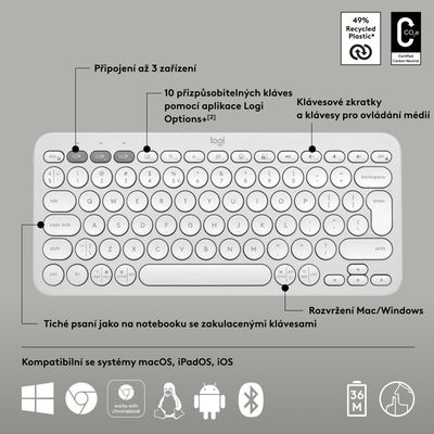 Logitech Pebble Keys 2 K380s, US, bezdrátová klávesnice, bílá