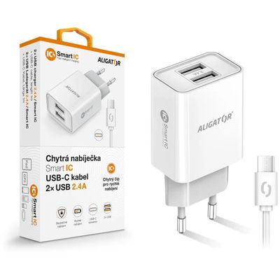 ALIGATOR síťová nabíječka USB-C 2xUSB výstup, 2,4A, smart IC, bílá