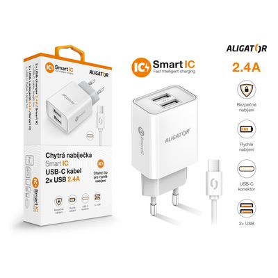 ALIGATOR síťová nabíječka USB-C 2xUSB výstup, 2,4A, smart IC, bílá