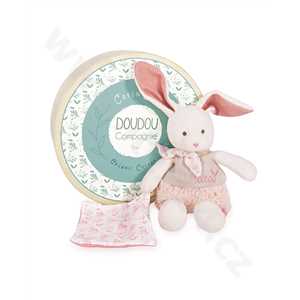 Doudou Dárková sada - Plyšový Ecru králiček s růžovou dečkou z  BIO bavlny 22 cm