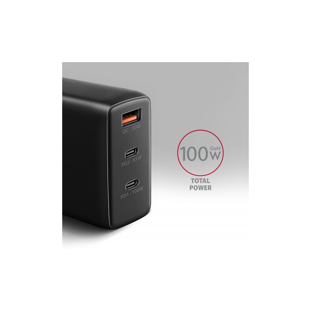 AXAGON ACU-DPQ100, GaN nabíječka do sítě 100W, 3x port (USB-A + dual USB-C), PD3.0/PPS/QC4+/Apple - Obrázek 2