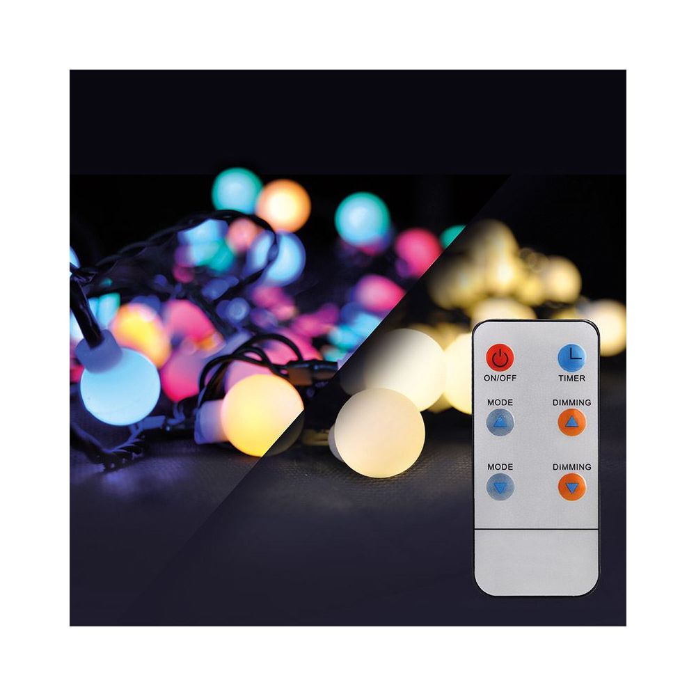 Solight LED 2v1 venkovní vánoční řetěz, koule, dálkový ovladač, 100LED, RGB+bílá, 10m+5m, 8 funkcí, IP44