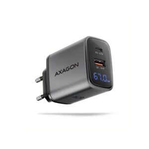 AXAGON ACU-PQ67D GaN nabíječka do sítě 67W, USB-A + USB-C, PD3.0/PPS/QC4+/SFC2.0/Apple, LCD display